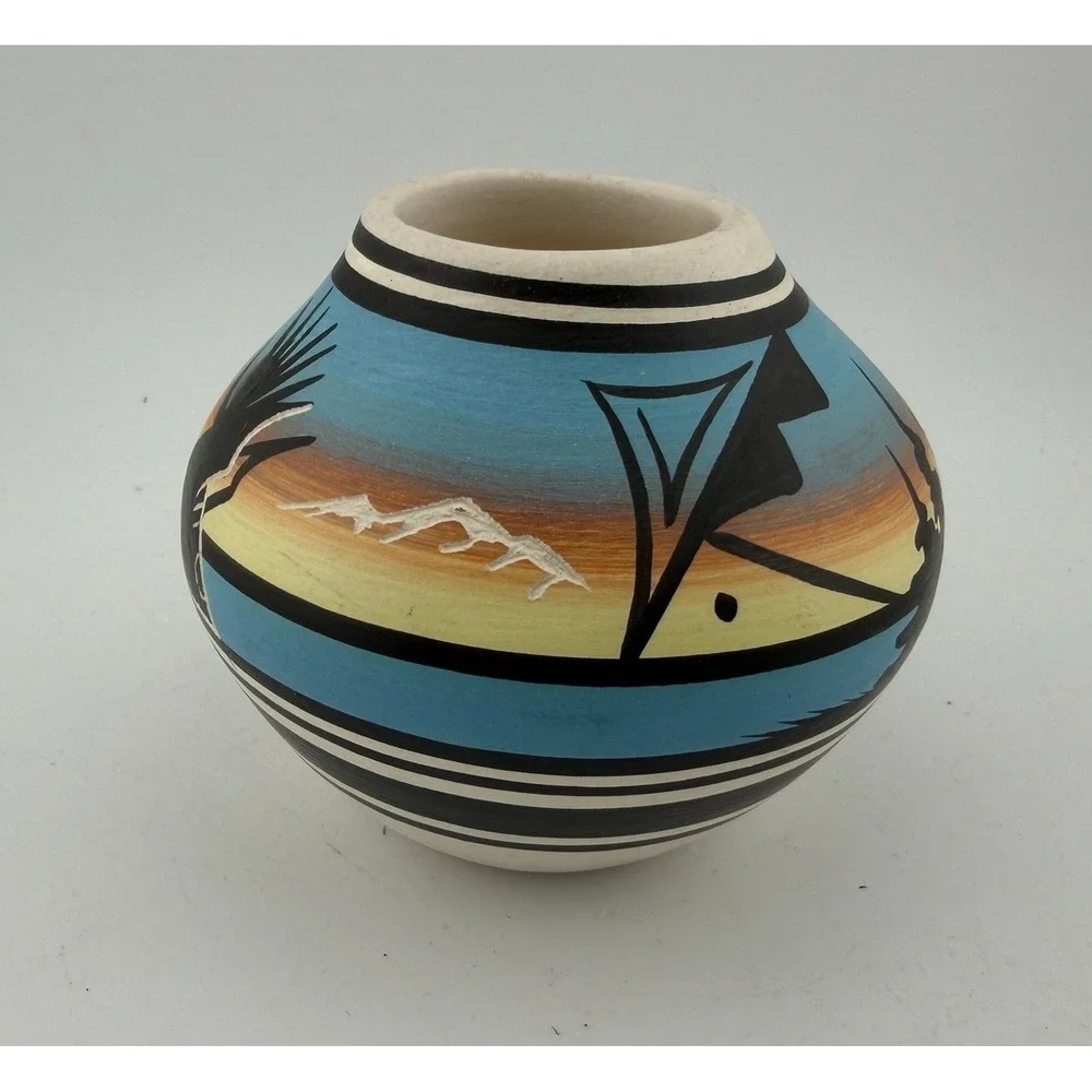 Southwestern Style Ceramic Pot Hand Painted Desert Scene‎ Bird Motif Signed